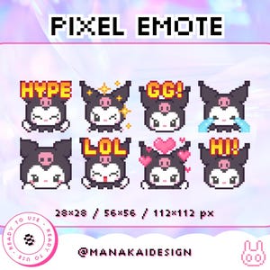 Emote Twitch Kawaii Kuro / Punti Canale Coniglio Nero Carino / Personaggio Pixel Viola Statico, Hype, Goth, Dark, GG, Ciao, Lol, Cuore, Triste, Piangere