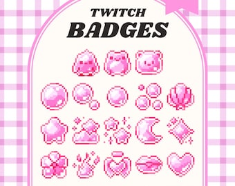 Insignias de suscripción de Twitch con burbujas flotantes rosas / Insignia de píxeles de cristal kawaii / Burbujas brillantes pastel