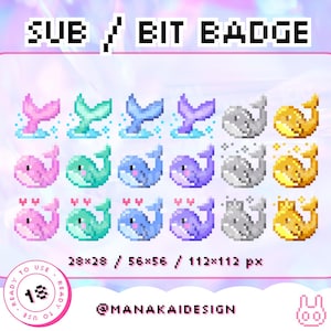 Whale Twitch Badges, Dreamy Ocean Sub Badges, Pixel Mermaid Bit Badges for Twitch, Ocean Creature Medals, Premade Streaming Assets