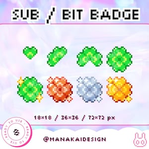 Insignias de suscripción de Twitch de Lucky Clover / Insignia Kawaii Green Bit / Insignia brillante de trébol de cuatro hojas de píxeles / Flor de planta retro / Bronce, plata y oro