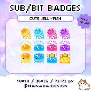 Jellyfish Twitch Sub Badges | Kawaii Mermaid Pixel Bit Badges | Blue Pink Yellow Gold | Underwater Summer | Aquatic Twitch Streamer Assets