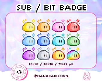 Slime Twitch Sub Badges | Kawaii Gaming Monster Bit Badge | RPG Character Pixel Asset | Cute Pastel Pink Blue Gold Green Aqua Purple Rainbow