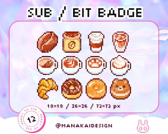Cozy Cafe Twitch Sub Badges | Kawaii Pastries Pixel Bit Badges | Bear Paw Croissant Glazed Americano Latte Coffee Beans Macaron Donuts Mocha