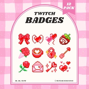 Odznaki Twitch Red Sweetheart, odznaki Pixel Coquette Valentine Sub/Bit
