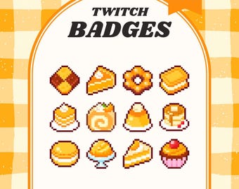 May include: A set of 12 pixel art Twitch badges depicting desserts like cake slices, biscuits, and pastries. The badges are in yellow, orange, and brown hues, with the text "TWITCH BADGES" above. The background is a yellow and white checkered pattern, reminiscent of a tablecloth.