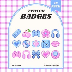 Pastelkleurige Y2K Twitch-subbadges | Retro roze blauwe pixelbadges