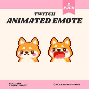 Emoticono animado de perro shiba con la boca abierta y cerrada, meme kawaii de píxeles pop.