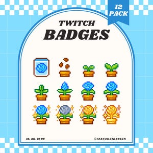 Könnte beinhalten: Ein Set von 12 Twitch-Badges mit Pixel-Art-Blumen in verschiedenen Wachstums- und Blühstadien. Die Badges sind in verschiedenen Farben, darunter Blau, Grün und Gelb, vor einem hellblauen Hintergrund mit einem karierten Muster.