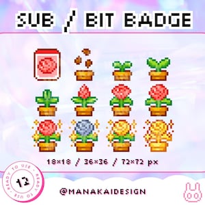 Red Rose Twitch Sub Badges | Kawaii Plant Bit Badges for Twitch streaming | Golden Flower Potted Plant Pixel Art, 8-bit Retro Style