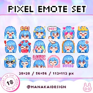 18 Blauhaar Chibi Luftschlangen Twitch Emote | Niedliches Bequemes Braune Augen Emote Set | Hype GG Lurk Hi Raid | Kawaii Twitch Emote Starterkit