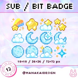 Insignias de suscripción de Twitch de Blue Night / Insignias de bits Lofi de Kawaii Moon / Insignias de estrellas pastel, píxeles, cielo estrellado, sueños celestiales lunares / Luna creciente brillante