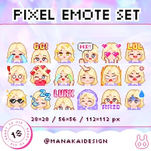 18 Blondes Haar Mädchen Chibi Streamer Twitch Emote | Niedliches Blaue Augen Emote Set | Kawaii Bob Frisur Emote Starter Set | Hype Raid lauern
