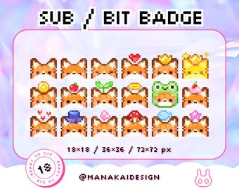 Fox Head Twitch Sub Badges | Red Fox Bit Badge | Fox with Hats | Brown Pixel Frog Plant Apple Fish Star Hat Coin Crown Cake Mushroom Autumn