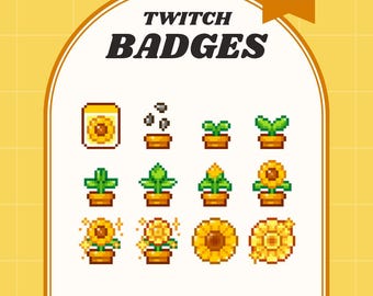 Sunflower Twitch Sub Badges, Pixel Plant Bit Badges
