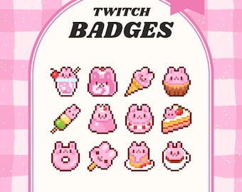 Rabbit Sweets Twitch Badges, Pink Bunny Desserts Pixel Sub/Bit Badges