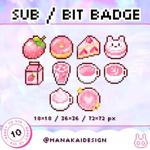 Strawberry Cafe Twitch Badges, Kawaii Strawberry Latte Sub Badges, Pixel Sweet Treat Bit Badges for Twitch, Premade Streaming Assets