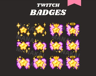 Insignias de Twitch de alas moradas de estrella, insignias de subtítulos/bits de ángel kawaii pixel art