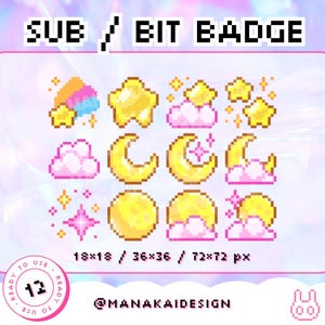 Insignias de suscripción de Twitch de Dreamy Moon / Insignias de Pink Twinkle Bit / Sueños de cielo estrellado de píxeles pastel Lunar celestial / Luna creciente con brillo místico
