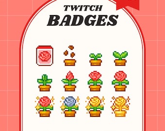 May include: A set of 12 Twitch badges featuring pixel art of potted plants with various stages of growth and blooming flowers. The badges are in a red and white themed design, with the text "TWITCH BADGES" at the top.