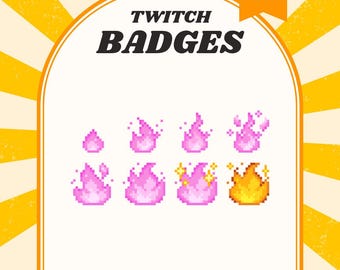 Pink Flame Twitch Sub Badges | Pixel Golden Fire Bit Badges