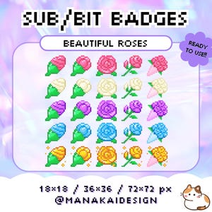 Emblema de inscrição do Twitch Beautiful Roses | Emblema Kawaii Bit | buquê de flores cottagecore bloom rosa branco roxo azul dourado pastel flor dia dos namorados
