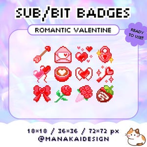 Insignias de suscripción de Twitch de "Novia romántica roja" / Insignia de "Chica de ballet" / Carta de amor de píxel kawaii / Icono de coqueta / Globo de corazón / Ángel / Rosa