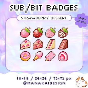 Strawberry Dessert Twitch Sub Badges | Lofi Cafe Bit Badges | pink sweet pastries chocolate cake mochi kawaii baker sandwich donut icecream
