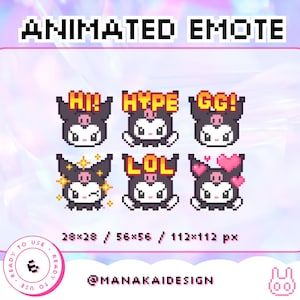 かわいい黒のアニメーション Twitch 絵文字 | かわいい黒うさぎアニメ絵文字 | ピクセルホワイトキャラクター | スマイルハイプゴスダーク GG ハイ笑ハート GIF スパークル