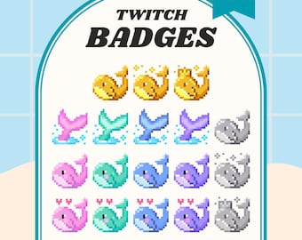 Insignias de Twitch de ballenas, insignias de subtítulos/bits de píxeles de animales oceánicos