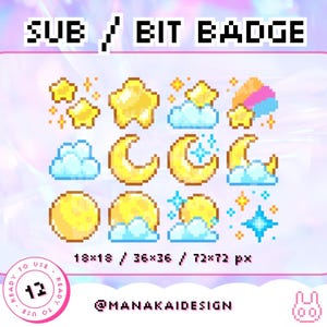 Insignias de suscripción de Twitch de Luna Celestial / Insignias de bits azules cósmicos kawaii / Sueños lunares de cielo estrellado de píxeles pastel / Noche de luna creciente con brillo místico
