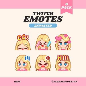 Geanimeerde Blonde Hair Girl Twitch 6 pack pixel-emotes voor Kick, Discord en pngTuber VTuber