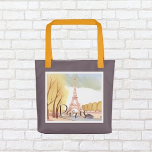 Paris Tote bag, Polyester Tote Bag, Eiffel Tower Tote Bag, France Tote Bag, Brown Tote Bag, Tote Bag for Her, Reusable Grocery Bag.