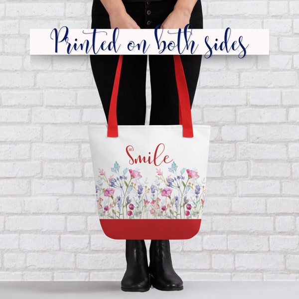 Wildflowers Tote Bag, Polyester Tote Bag, Inspirational Quote Tote Bag, Flowers Tote bag, Tote Bag for Her, Travel Tote Bag,Tote Bag for Mum