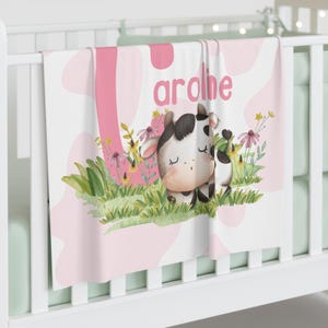 Personalised Cute Cow Fleece Baby Blanket for Baby Girl Nursery, Baby Shower Gift, Toddler Blanket Birthday Gift,  Custom Cow Theme Blanket.