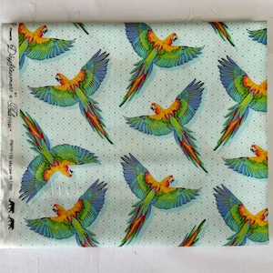 Tula Pink&#39;s Daydreamer - one fat quarter cut of the &quot;Macaw ya Later&quot; print, featuring cool colored macaws on an aqua geometric background.