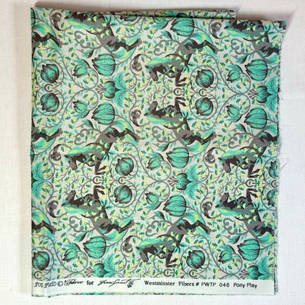 Tula Pink's Foxfield - one fat quarter cut of the Pony Play print in aqua and gray, featuring horses.