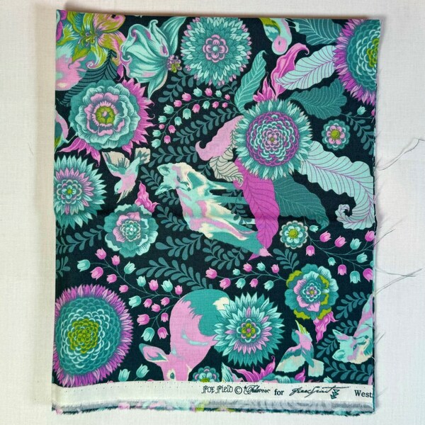 Tula Pink's Foxfield - one fat quarter cut of the Foxtrot print in navy, aqua, and purple, featuring foxes, bunnies, birds and flowers.