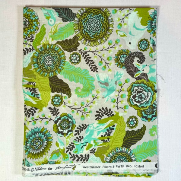 Tula Pink's Foxfield - one fat quarter cut of the Foxtrot print in greens, featuring foxes, bunnies, birds and flowers.