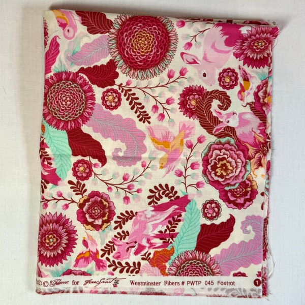 Tula Pink's Foxfield - one fat quarter cut of the Foxtrot print in pinks, featuring foxes, bunnies, birds and flowers.