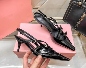 French belt buckle black pointed-toe shoes/retro high-heeled shoes/cap-toe shoes/black high-heeled sandals/burgundy high-heeled shoes/