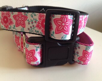 Large 1 inch Pink and Teal Flowers Dog Collar