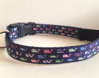 5/8 inch Navy Blue with Colorful Whales Medium Dog Collar