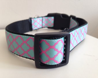 Turquoise and Pink Quatrefoil Trellis Design Large 1 inch Dog Collar