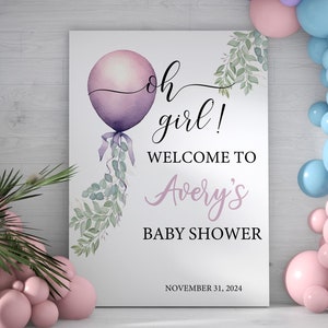 Panneau de bienvenue rose et violet pour baby shower, signe de baby shower fille, affiche de bienvenue fille, décorations de baby shower Oh Girl, téléchargement immédiat