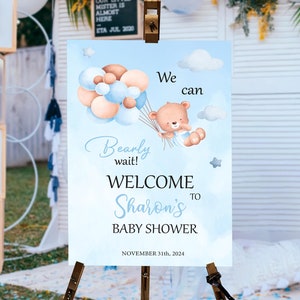 Teddy Bear Baby Shower Welcome Sign: Blue Boho Decorations