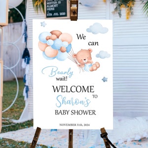 Teddy Bear Baby Shower Welcome Sign: Blue Boho Decorations
