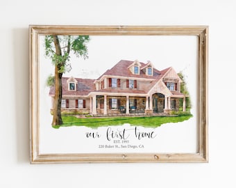 Retrato de casa en acuarela personalizado: regalo personalizado para tu primera vivienda (versión digital)