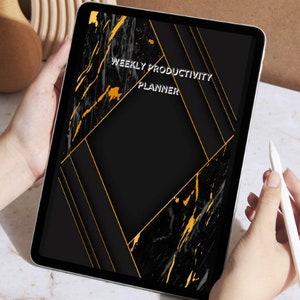 May include: A black and gold digital planner with the text "Weekly Productivity Planner" on the screen. The planner has a marble-like design with gold accents.
