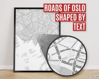 Oslo, Noorwegen | Afdruk van stadsplattegrond waar wegen worden gevormd door hun straatnaam.