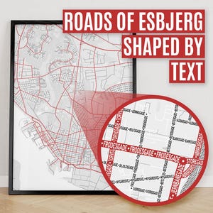 Esbjerg, Denemarken | Afdruk van stadsplattegrond waar wegen worden gevormd door hun straatnaam.